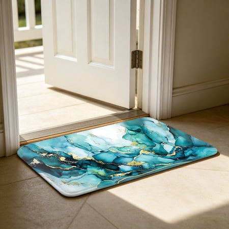 Luxury Teal Turquoise Gold Vein Alcohol Ink Marble Fluid Art Flannel Bath Mat, Bathroom Rug, 24"x36" Oversized Non-Slip Absorbent Floor Rug