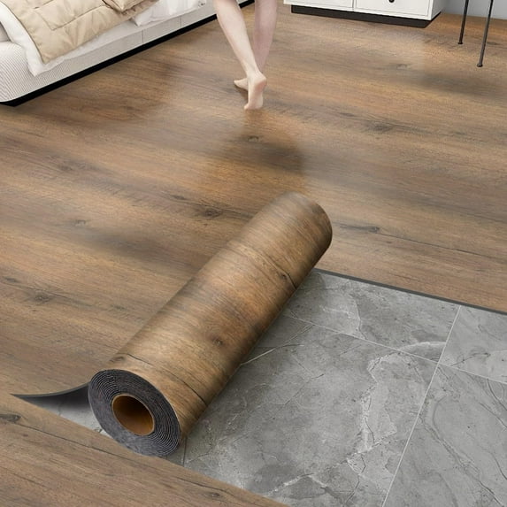 Luxury Thicken Wood Grain Peel and Stick Floor Tiles 17.72"x 393.7"Self-Adhesive Vinyl Flooring Roll-DIY Easy for Wall and Floor,Hard Surface/Waterproof/Anti Slip/Anti Dent(Brown 48.44Sq.Ft.)