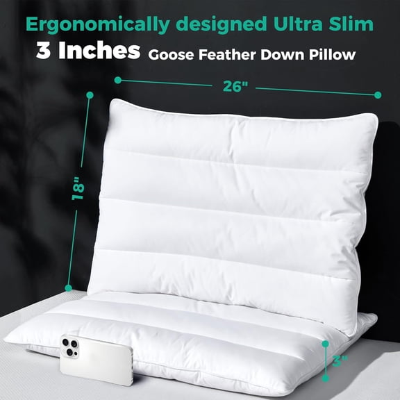 Luxury Thin Flat Goose Feather Down Pillows Standard Size Set of 2, 3" Height, Cotton Cover, Medium Firm Ultra Slim Thin Bed Pillows, Machine Washable, 18 x 26 Inches