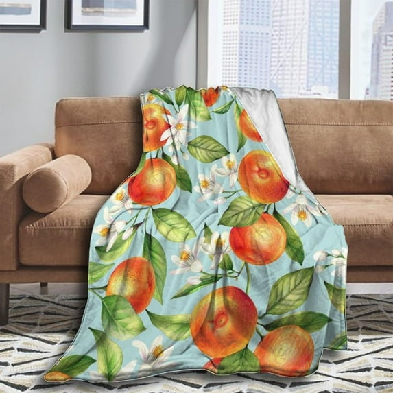 Luxury Throw Blanket All Season Throw Blanket Fashion Orange Fruits Flowers Leaves Floral Plush Throw Blankets for Living Room, Home, Sofa, Office, Camping