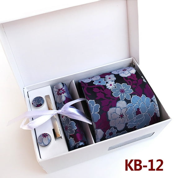 Luxury Tie Set Gift Box for Men Paisley Floral Silk Neck Tie Pocket Squares Cufflinks Tie clips Set Formal Wedding Party Ties (KB-12)