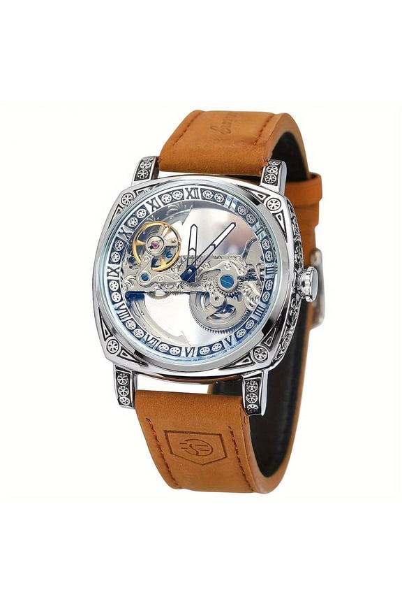 Luxury Timeless Mechanical Masterpiece Watch - Exquisite Intricate Carvings, Dual Skeleton Dial, Automatic Self-Winding, Vintage Leather Strap, Water Resistant, Classic Style Wristwatch for Men