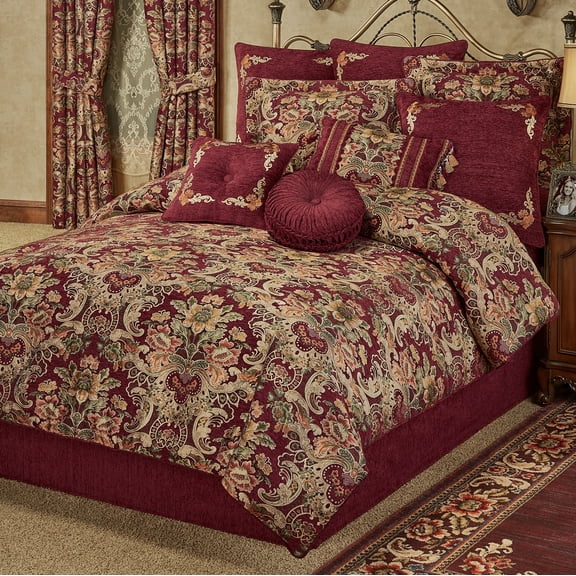 Luxury Tosca Woven Jacobean Floral Bedding, 4-Pc Burgundy Queen Comforter Set