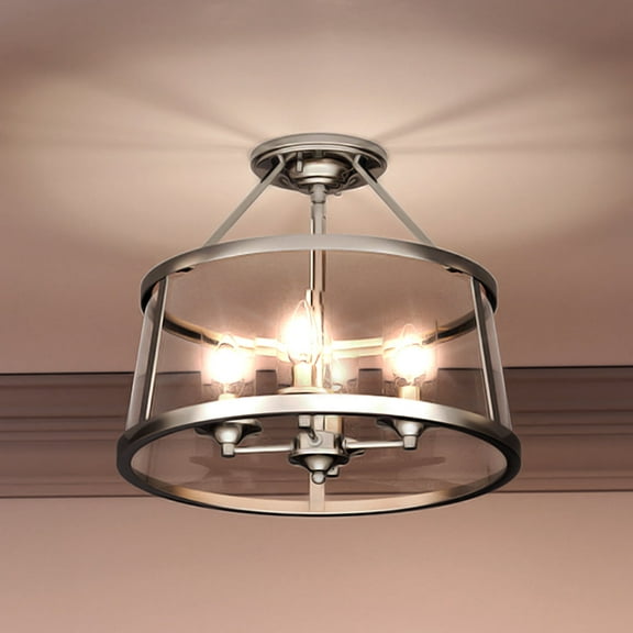 Luxury Traditional Indoor Ceiling Light, 14.50''H x 16.00''W, with Colonial Style Elements, English Country Design, Polished Nickel Finish and Clear Glass Drum, Seeded Glass Interior, UQL3651