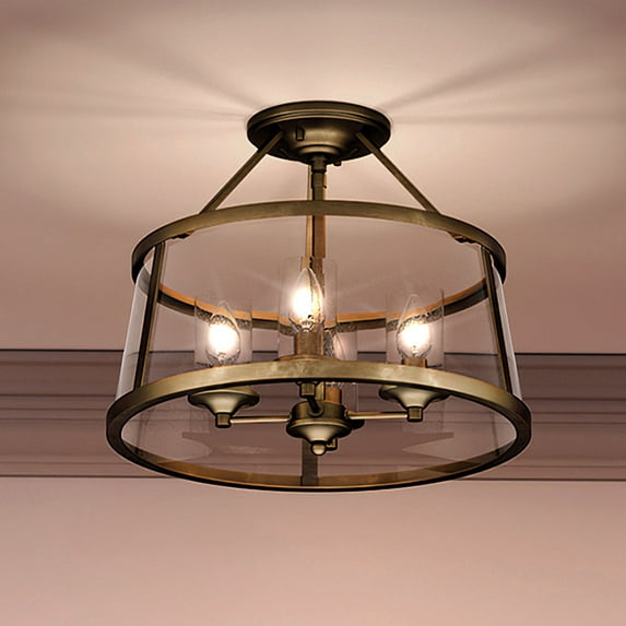 Luxury Traditional Indoor Ceiling Light, 14.50''H x 16.00''W, with Colonial Style Elements, English Country Design, Rustic Brass Finish and Clear Glass Drum, Seeded Glass Interior, UQL3650