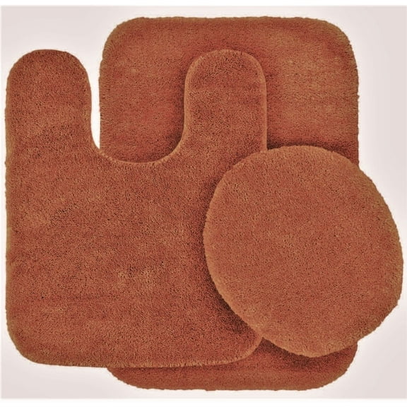 Luxury Traditional Non-Slip 3 piece Bath Mat Set Solid Color Bathroom U-Shaped Contour Rug, Mat and Toilet Lid Cover With Rubber Backing New #6 Rust