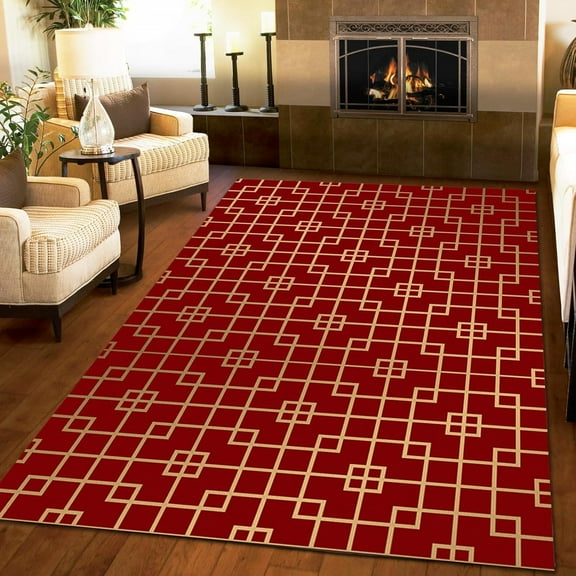 Luxury Traditional Pattern Art Rug, Modern Square Geometry China Red Area Rug, Non Slip Easy Clean Washable No Crease Carpet For Bedroom Living Room Entryway Bath Room Office 1x2ft