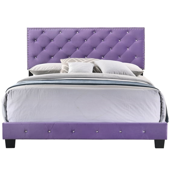 Luxury Transitional Velvet Full Bed Frame - 58"W x 77"L x 48"H, Bold Purple, Foam Filled, Durable & Stable, Easy Assembly for Bedroom