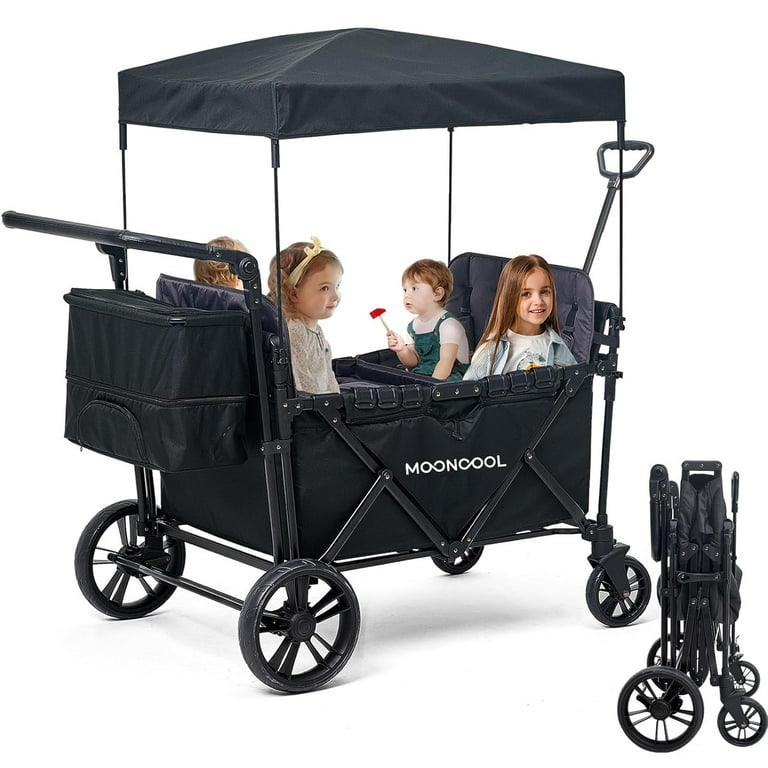 Luxury Travel Wagon Stroller 4 Seater with Canopy Foldable Push and Pull Stroller for Big Kid Collapsible Baby Stroller Wagon with Convertible Seats and Tray 5 Point Harnesses Walmart
