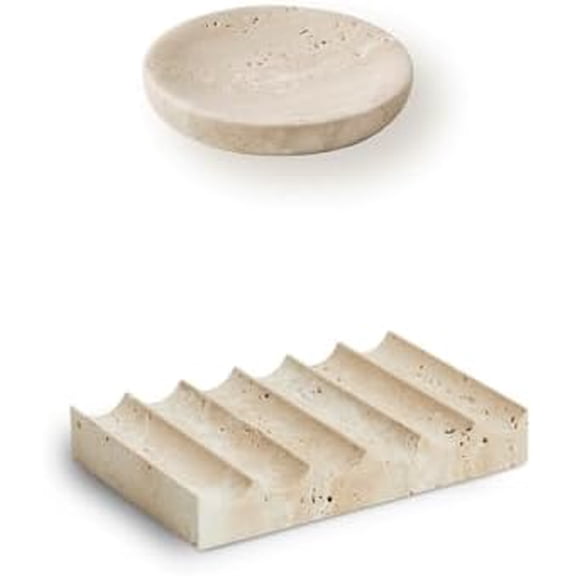 Luxury Travertine Soap Dish Marble Jewelry Ring Tray - Rectangle/Round Marble Soap Tray & - Soap Holder for Bathroom, Kitchen, Beige Travertine$$Home Decor, Kitchen, & Other