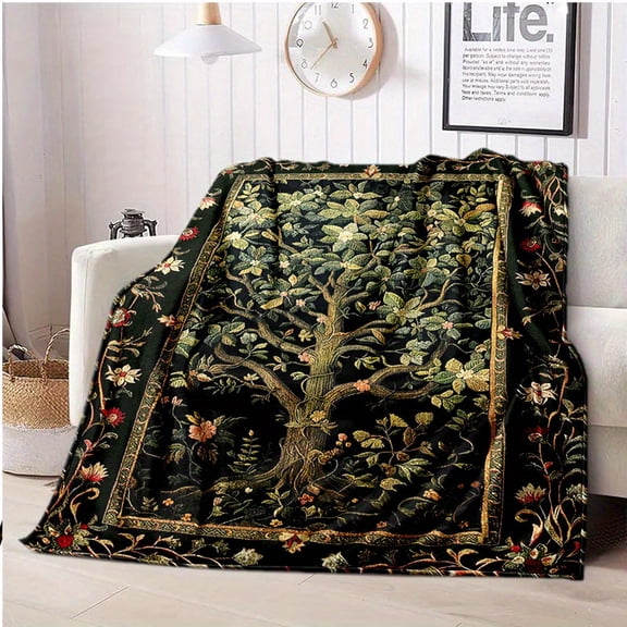 Luxury Tree of Life Blanket - Burgundy Olive Green Boho Bedspread, All-Season Soft Flannel Throw for Sofa & Bed, Anti-Tear Polyester, Hand Wash