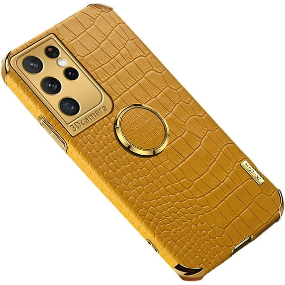 Luxury Trend Crocodile Pattern TPU Phone case with Metal Ring Bracket for Samsung Galaxy Note 20 10 9 8 Ultra Pro S10 4G 5G Plus Lite Edge Reinforced Shockproof Back Cover(Yellow,Note 20 Ultra)