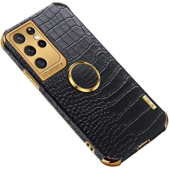 Luxury Trend Crocodile Pattern TPU Phone case with Metal Ring Bracket for Samsung Galaxy Note 20 10 9 8 Ultra Pro S10 4G 5G Plus Lite Edge Reinforced Shockproof Back Cover(Black,Note 10 Lite)