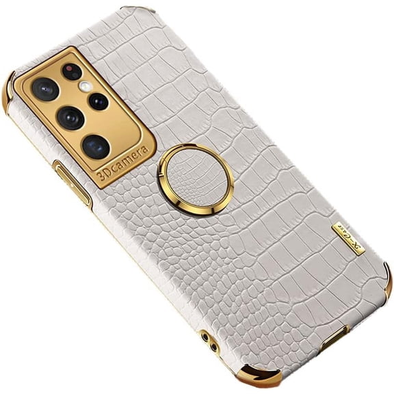 Luxury Trend Crocodile Pattern TPU Phone case with Metal Ring Bracket for Samsung Galaxy S23 S22 S21 S20 Ultra Plus FE Shell Edge Reinforced Shockproof Protective Back Cover(White,S20 FE)