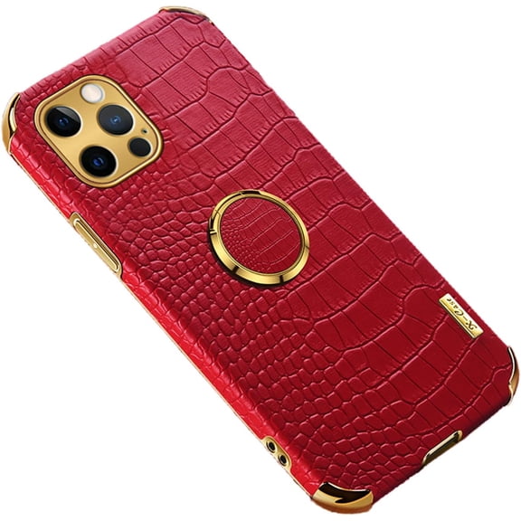 Luxury Trend Crocodile Pattern TPU Phone case with Metal Ring Bracket for iPhone 14 13 12 11 8 7 6 S X XS XR Plus Pro Max Mini Edge Reinforced Shockproof Protective Back Cover(Red,12 Mini)