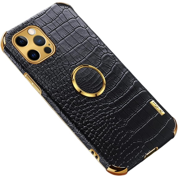 Luxury Trend Crocodile Pattern TPU Phone case with Metal Ring Bracket for iPhone 14 13 12 11 8 7 6 S X XS XR Plus Pro Max Mini Edge Reinforced Shockproof Protective Back Cover(Black,12 Mini)