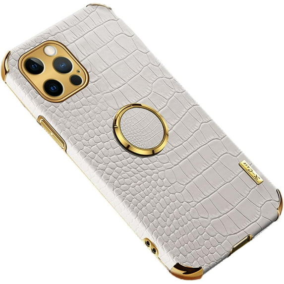 Luxury Trend Crocodile Pattern TPU Phone case with Metal Ring Bracket for iPhone Plus Pro Max 15 Edge Reinforced Shockproof Protective Back Cover White