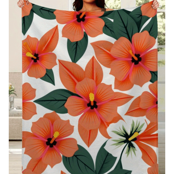 Luxury Tropical Hibiscus Floral Flannel Blanket,Orange Green White Vibrant Print, Heavyweight Soft Warm All-Season Durable Cozy Fabric, Bedspread Bed Cover for Sofa Bed Travel,Ideal Home Office Gift