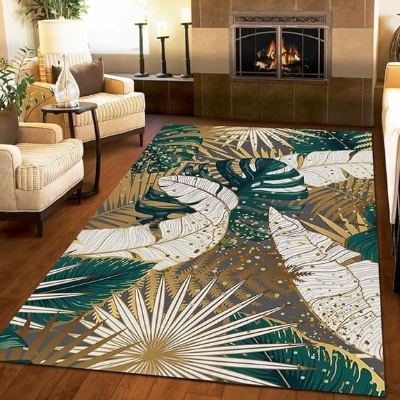 Luxury Tropical Plant Palm Leaves Rugs, Abstract Green Gold Banana Leaf Art Area Rugs, Non-Slip Washable Foldable Soft Mat For Bedroom Living Room Entryway Hallway Office 5x8ft