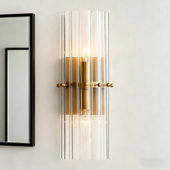 Luxury Tube Hand-Cut Crystal Sconce with Aged Brass Metal, Vintage Finial Detail Wall Light, Elegant Design Wall Lamp beside Mirror, for Hallway, Entryway, Bedroom