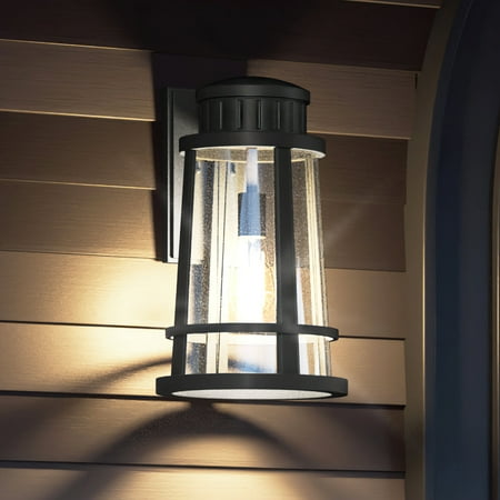 Luxury Tudor Outdoor Wall Sconce, 16.25''H x 9.75''W, with Art Deco Style Elements, Craftsman Design, Natural Black Finish and Clear Seeded Glass, UQL1583
