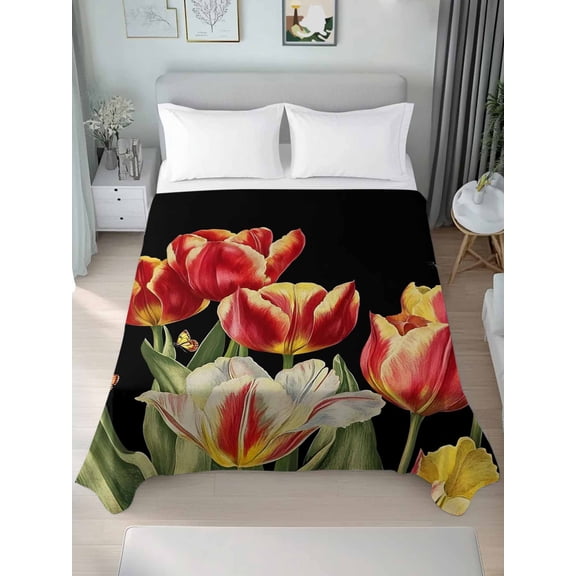 Luxury Tulip Floral California King Size Flat Sheet, Wrinkleproof & Fadeproof Cooling Flat Bed Sheet Only, Farmhouse Vintage Botanical Flowers Breathable Soft Bedding Top Sheets 108 x 98 Inches