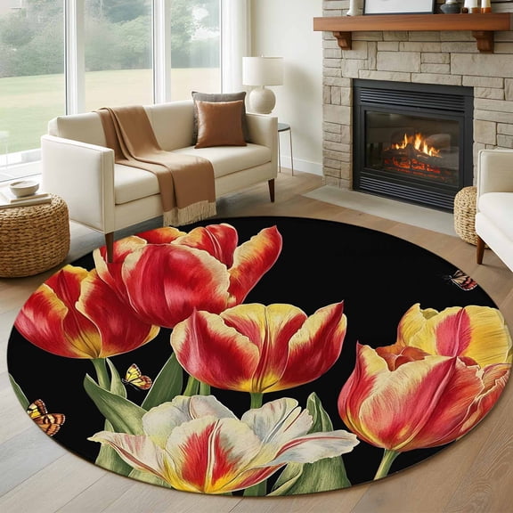 Luxury Tulip Floral Large Round Rug 8 FT, Non Slip Living Room Area Carpet, Farmhouse Vintage Botanical Flowers Washable Soft Circle Rug Non-Shedding Floor Carpet for Bedroom Office Dining Room