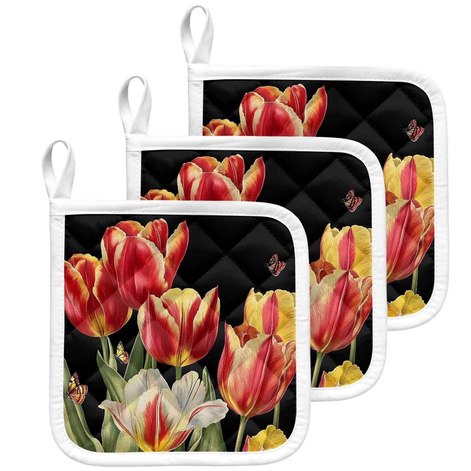 Luxury Tulip Floral Pot Holders for Kitchen Heatproof Potholder, 3 Pack Farmhouse Vintage Botanical Flowers Hot Pads Multipurpose Oven Pads Cloth Potholders Trivet for Cooking Baking