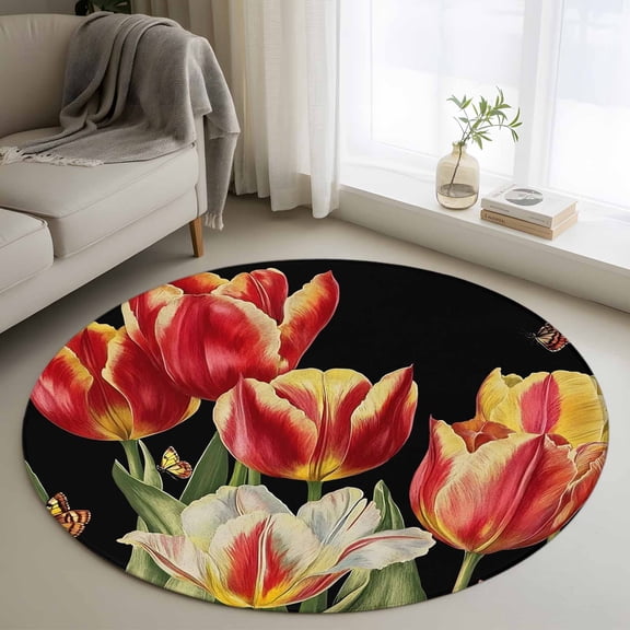 Luxury Tulip Floral Round Area Rug 3.3 FT, Non Slip Small Entryway Kitchen Mat, Farmhouse Vintage Botanical Flowers Washable Soft Circular Rug Non-Shedding Door Mat for Bathroom Playroom Kids Room