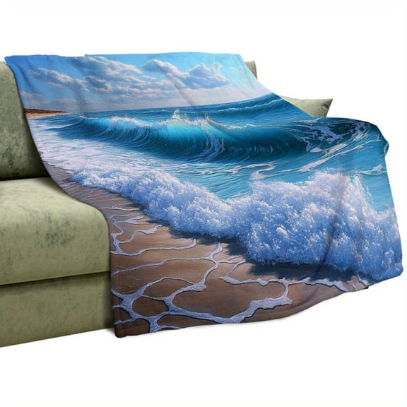 Luxury Turquoise & Blue Ocean Waves Throw Blanket - Plush 280GSM Flannel All-Season Bedspread, Sofa Bed Cover, Soft Bedding, Turquoise Sea Bedspread Gift, Valentine's Day