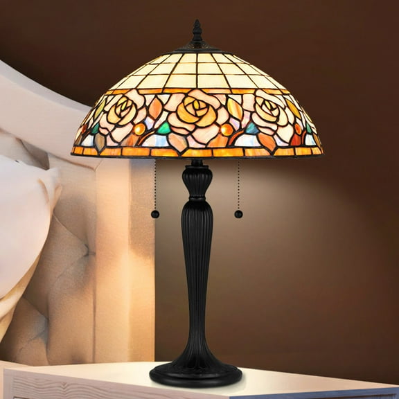 Luxury Tuscan Tiffany Table Lamp, Large Size: 23.75''H x 16.25''W, with Provincial Style Elements, Matte Black Finish, UQL7020 from the Wigan Collection by Urban Ambiance