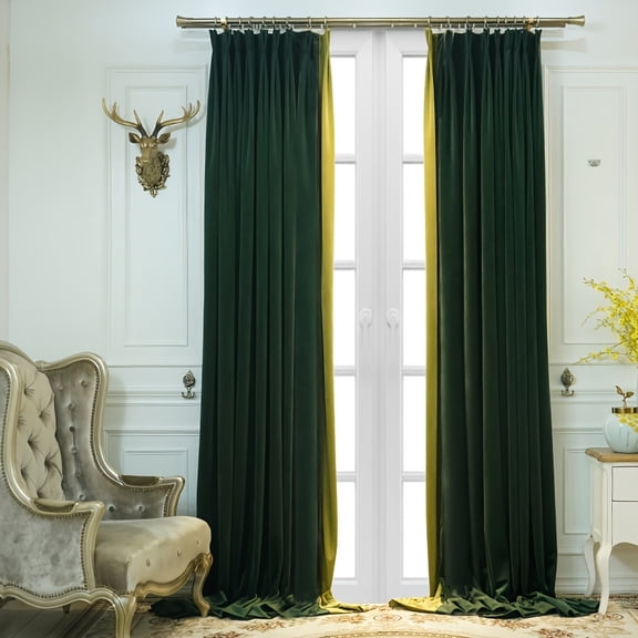 Luxury Two-Tone Patchwork Velvet Curtains, 2 PANELS Set, High-Density 240GSM Drapes, Fixed 2x Double Pleated with Hooks, Dark Green & Light Yellow