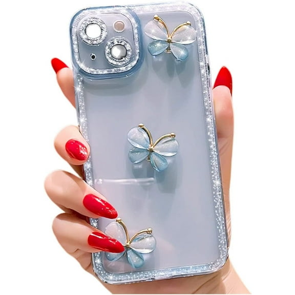 Luxury Unique Butterfly Bling Rhinestones TPU Phone case for iPhone 14 13 12 11 8 7 X XS XR Plus Pro Max Creative Trendy Skin-Friendly Protective Cover(Blue,XS MAX)