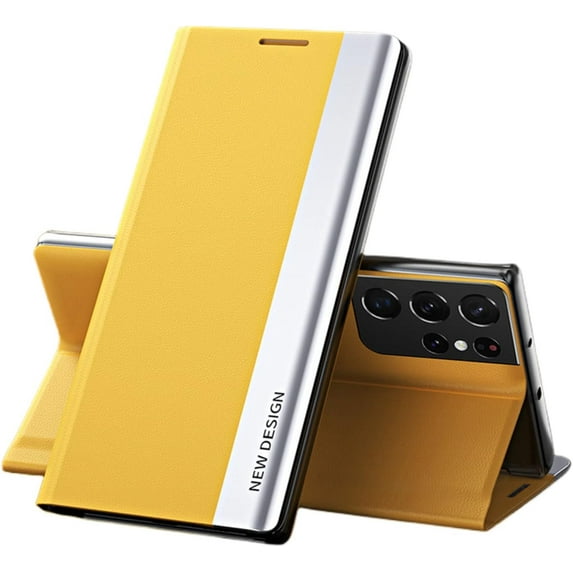 Luxury Unique Wear-Resistant Leather Flip Phone case for Samsung Galaxy S10 S9 S8 Plus 4G Shell Comfortable Skin-Friendly Anti-Drop Magnetic Bracket Protective Cover(Yellow,S10 4G)