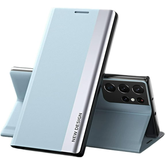 Luxury Unique Wear-Resistant Leather Flip Phone case for Samsung Galaxy S22 S21 S20 Ultra Plus FE Shell Comfortable Anti-Drop Magnetic Bracket Protective Cover(Light Blue,S22)