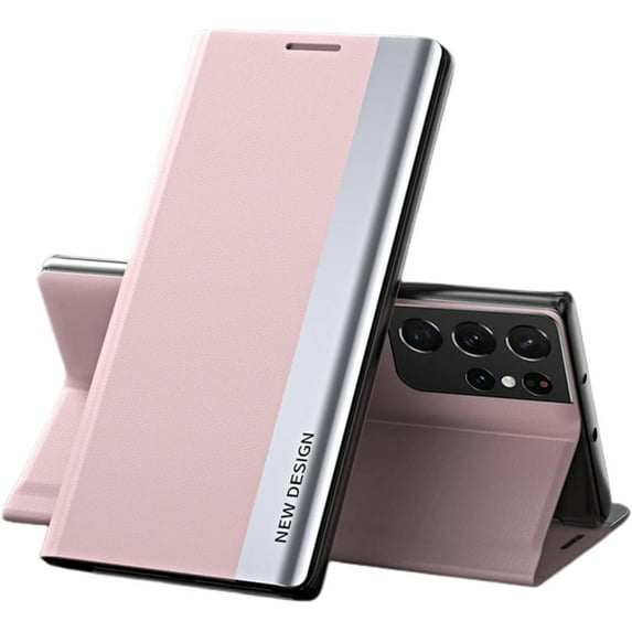 Luxury Unique Wear-Resistant Leather Flip Phone case for Samsung Galaxy S22 S21 S20 Ultra Plus FE Shell Comfortable Anti-Drop Magnetic Bracket Protective Cover(Pink,S22)