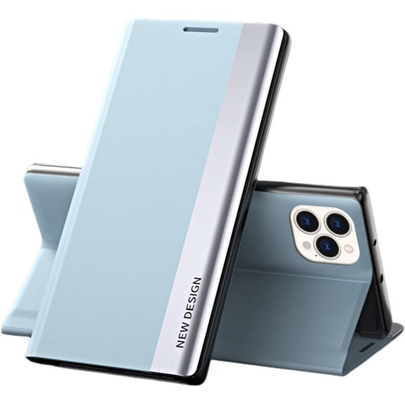 Luxury Unique Wear-Resistant Leather Flip Phone case for iPhone 14 13 12 11 8 7 X XS XR Plus Pro Max Mini Shell Smooth Anti-Drop Magnetic Bracket Protective Cover(Light Blue,14 Pro max)