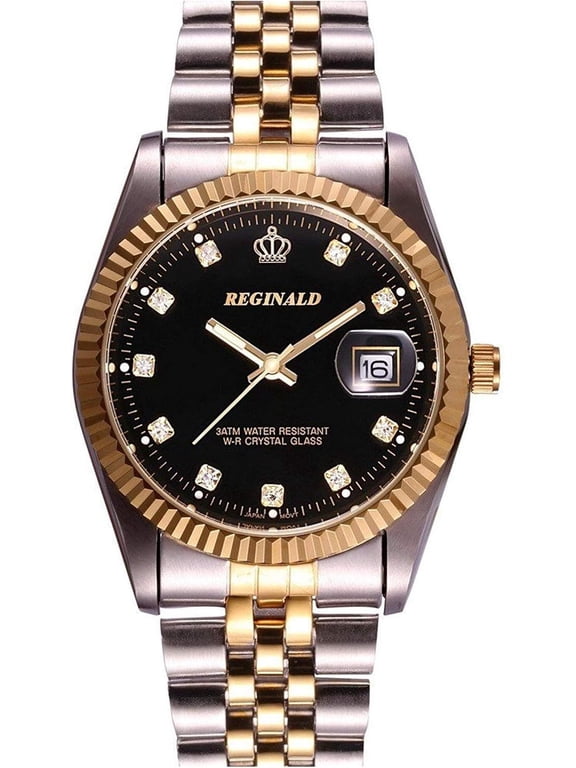 Luxury Unisex Gold Crystal Quartz Calendar Gold Silver Two Tone Stainless Steel Watch