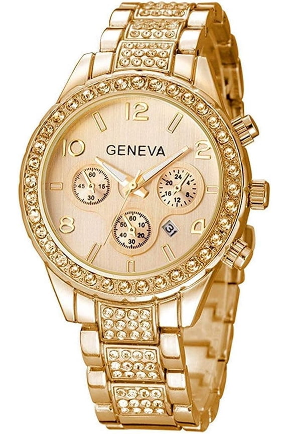 Luxury Unisex Pave Floating Crystal Diamonds Calendar Analog Quartz Watch Luminous Pointer with Stainless Steel Link Bracelet