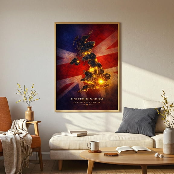Luxury United Kingdom Map Wall Art, London Coordinates Flag Poster, Stretched Canvas 8x10in