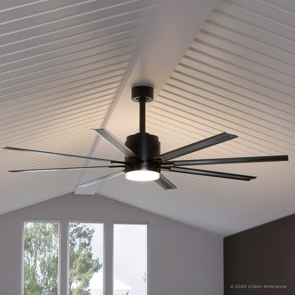 Luxury Urban Loft Indoor/Outdoor Ceiling Fan, 16.75''H x 72''W, with Industrial Style Elements, Modern Design, Midnight Black Finish and Frosted Glass, UHP9050