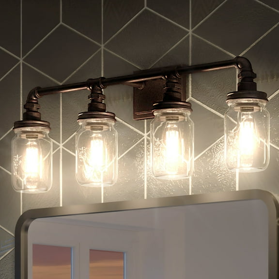 Luxury Utilitarian Indoor Bath Fixture, 11.00''H x 30.50''W, with Farmhouse Style Elements, Industrial Design, Antique Black Finish and Clear Glass, UQL2666