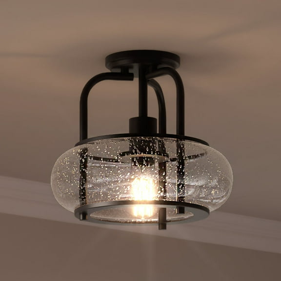 Luxury Utilitarian Indoor Ceiling Light, 10.00''H x 12.00''W, with Coastal Style Elements, Nautical Design, Black Bronze Finish and Clear Seeded Glass, UQL3281