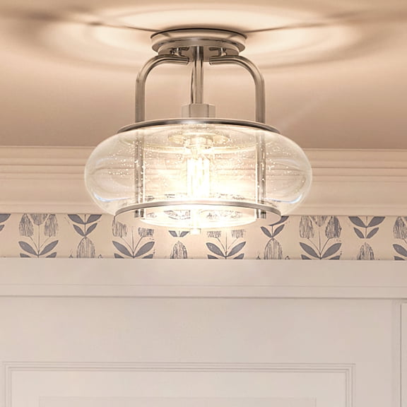 Luxury Utilitarian Indoor Ceiling Light, 10.00''H x 12.00''W, with Coastal Style Elements, Nautical Design, Brushed Nickel Finish and Clear Seeded Glass, UQL3280