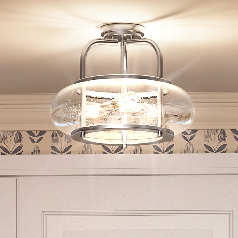Luxury Utilitarian Indoor Ceiling Light, 12.00''H x 16.00''W, with Coastal Style Elements, Nautical Design, Brushed Nickel Finish and Clear Seeded Glass, UQL3310