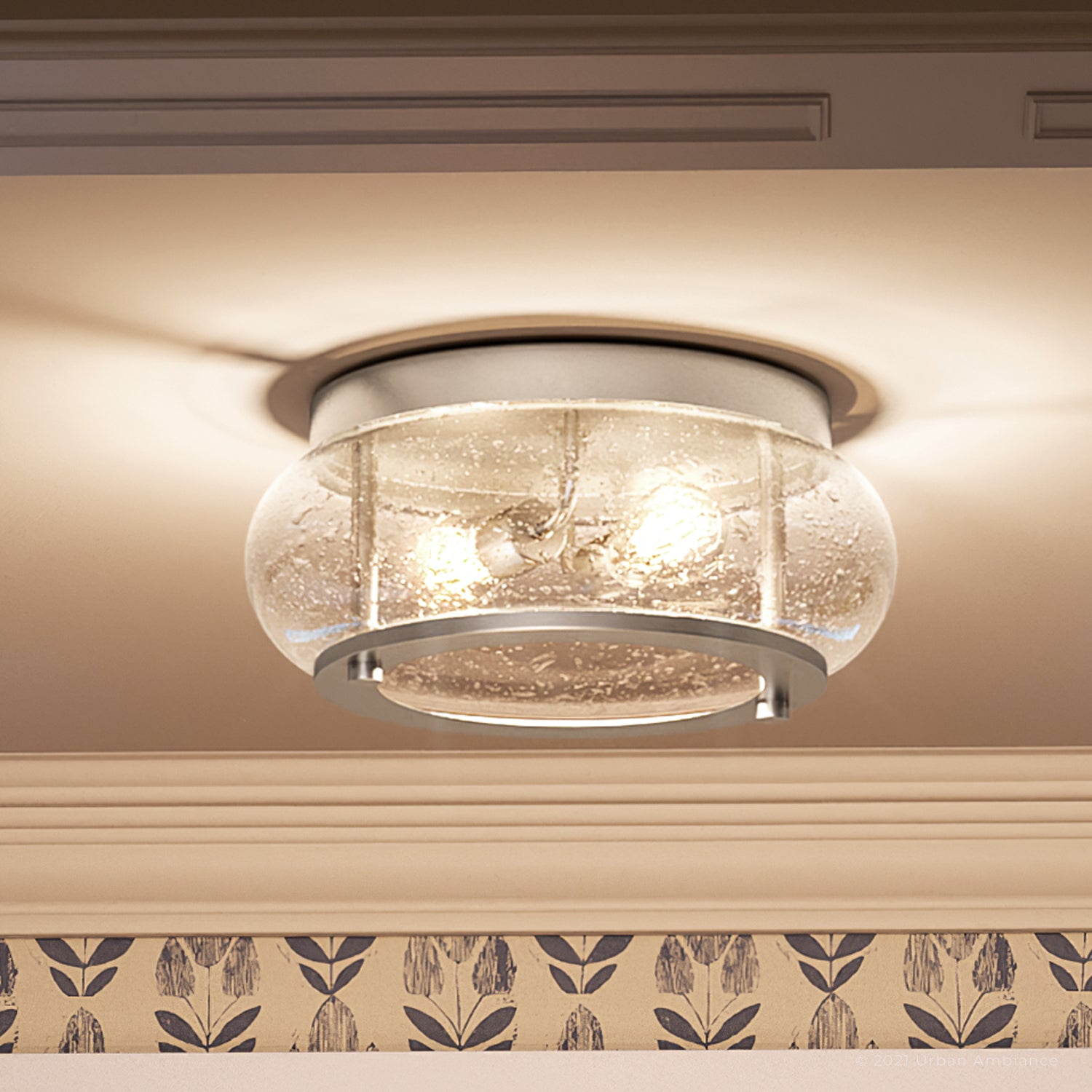 Luxury Utilitarian Indoor Ceiling Light, 5.75''H x 12.00''W, with Coastal Style Elements, Nautical Design, Brushed Nickel Finish and Clear Seeded Glass, UQL3290