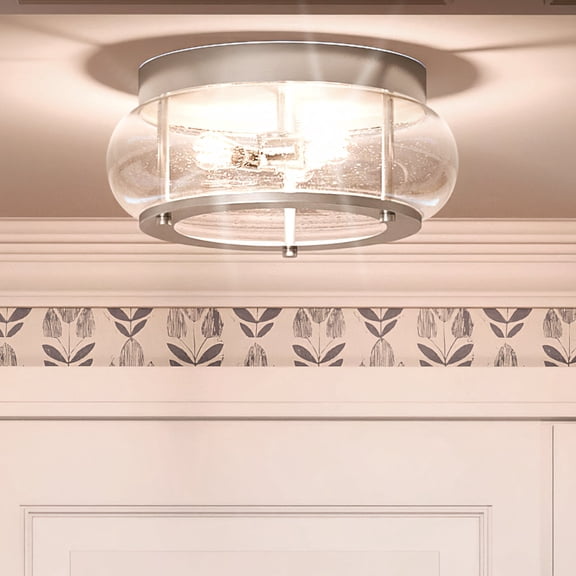Luxury Utilitarian Indoor Ceiling Light, 7.00''H x 16.00''W, with Coastal Style Elements, Nautical Design, Brushed Nickel Finish and Clear Seeded Glass, UQL3300