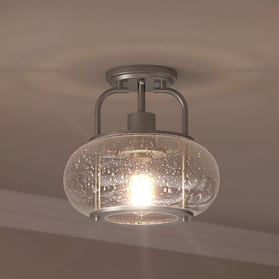 Luxury Utilitarian Indoor Ceiling Light, 9.28''H x 10.00''W, with Coastal Style Elements, Nautical Design, Brushed Nickel Finish and Clear Seeded Glass, UQL3270