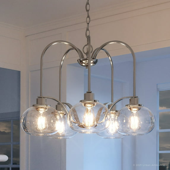 Luxury Utilitarian Indoor Chandelier, 19.00''H x 26.10''W, with Coastal Style Elements, Nautical Design, Brushed Nickel Finish and Clear Seeded Glass, UQL3360