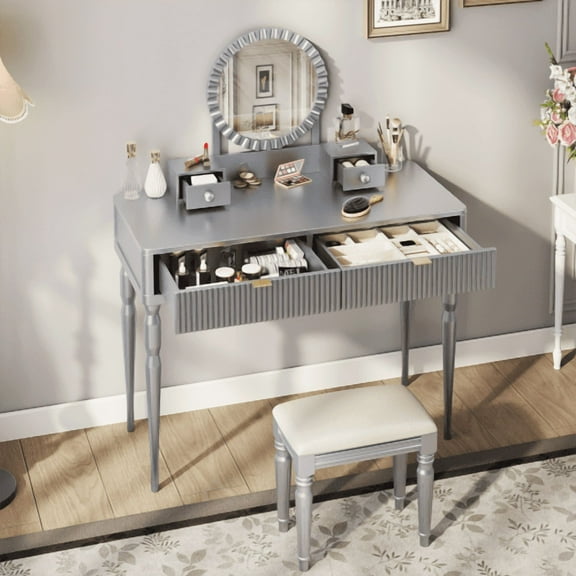 Luxury Vanity Desk with Round Mirror, Height-Adjustable Dressing Table Set, 4 Drawers & Stool, Compact Makeup Desk for Bedroom, Silver